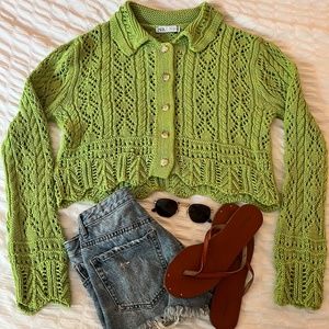 ZARA Green Button-Up Sweater